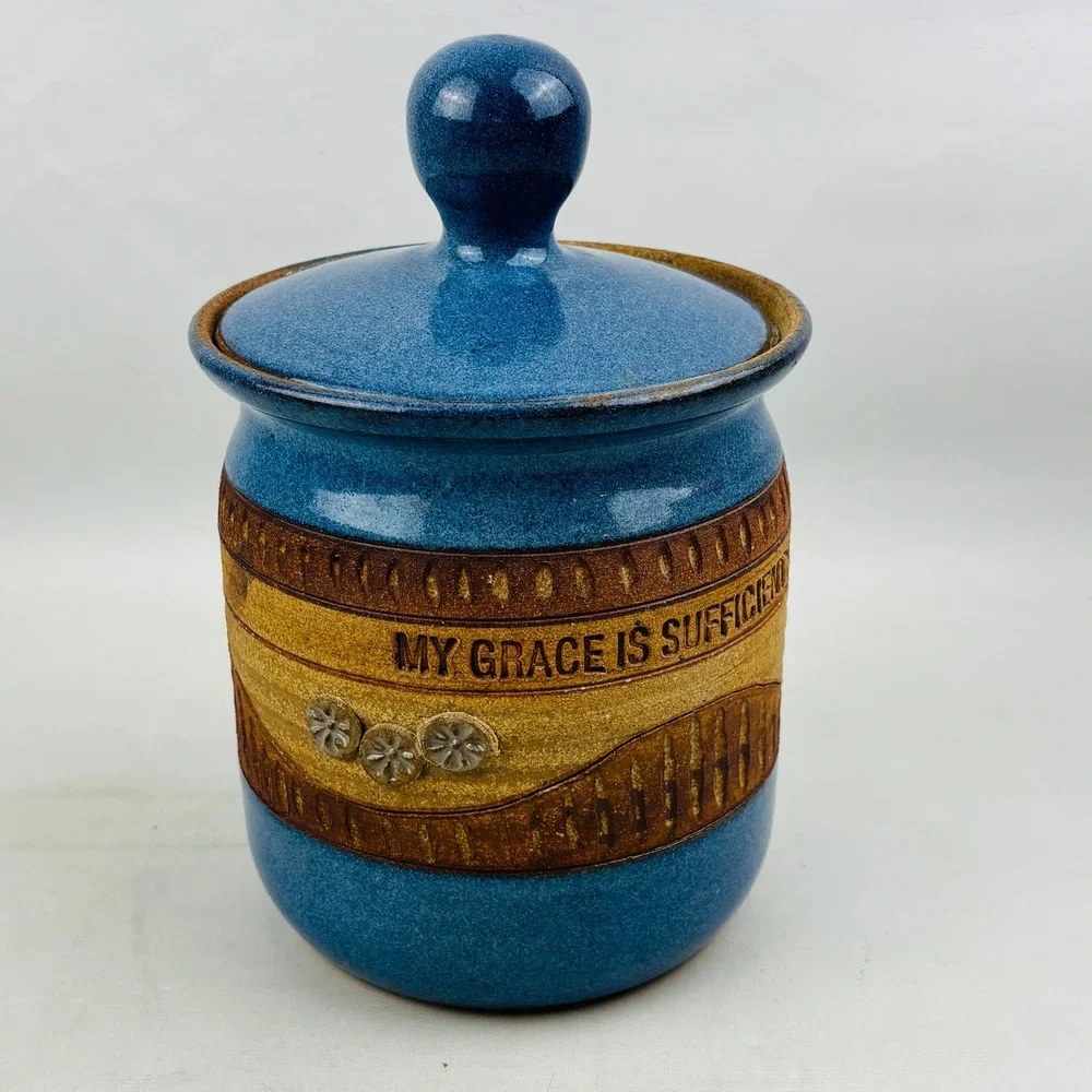 Down to Earth Pottery Canister Blue Stoneware My Grace Is Sufficient II Cor 12:9